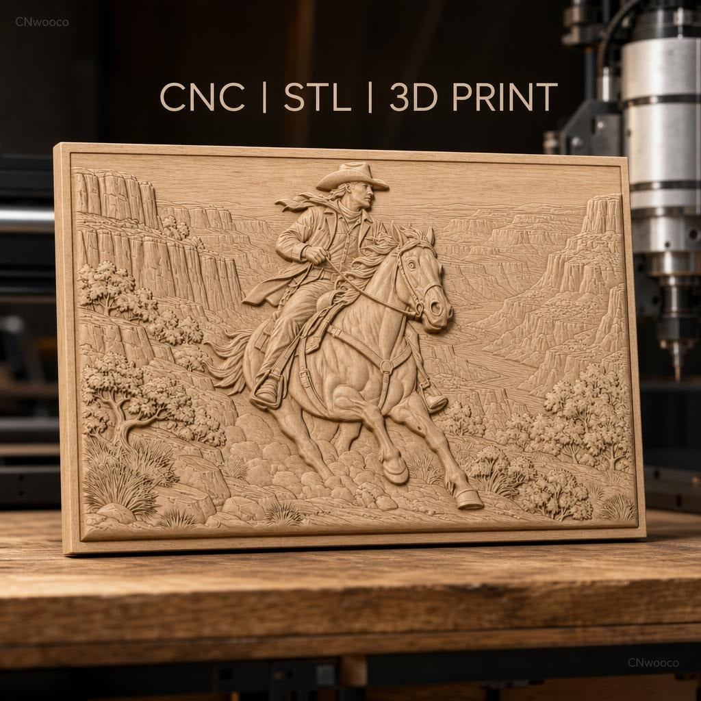 Fichier CNC & impression 3D cowboy à cheval dans canyon, paysage sauvage, haute qualité relief STL