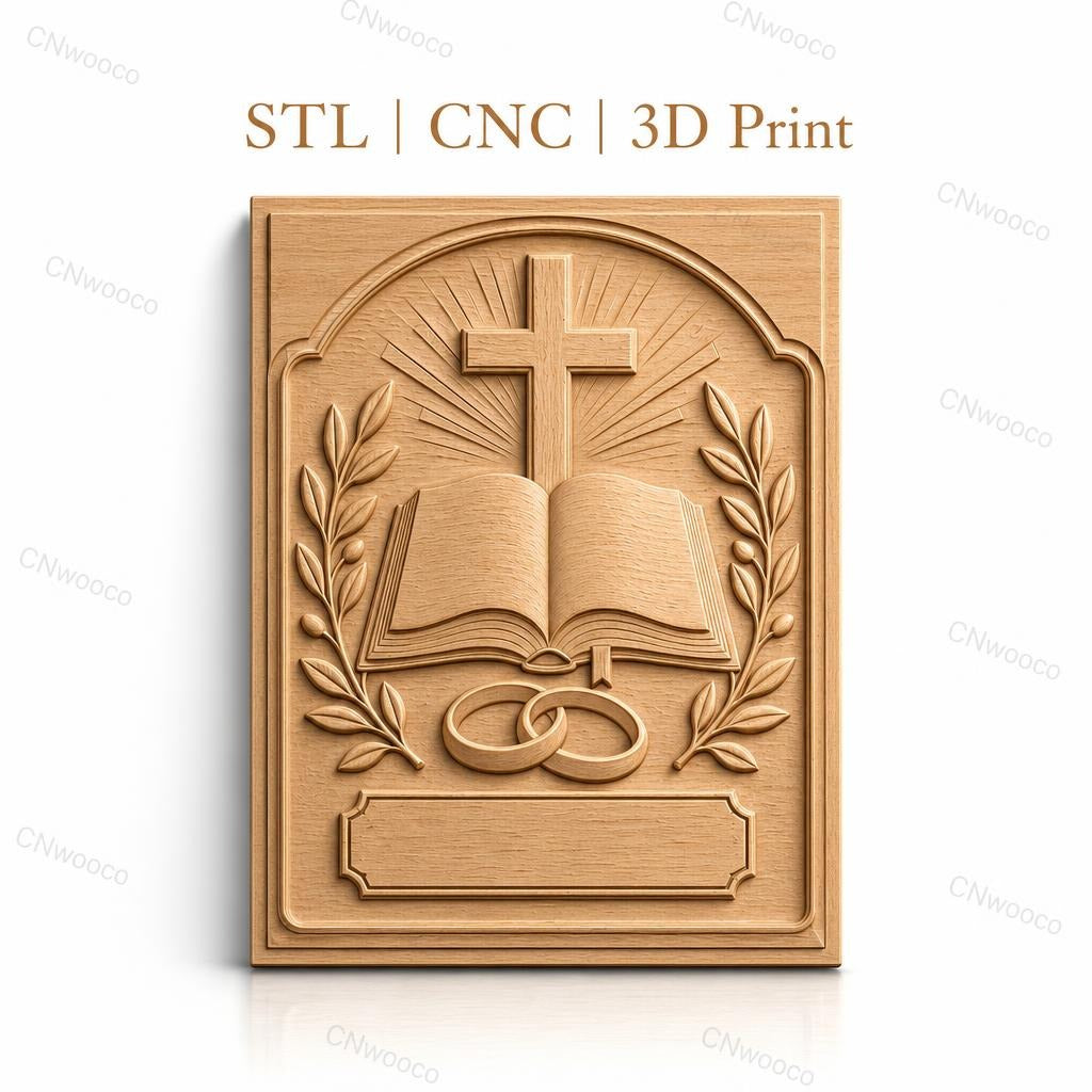 Fichier CNC & impression 3D thème mariage religieux, croix, livre ouvert, alliances, feuilles, haute qualité relief STL