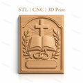 Fichier CNC & impression 3D thème mariage religieux, croix, livre ouvert, alliances, feuilles, haute qualité relief STL