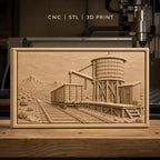 Fichier CNC & impression 3D scène ferroviaire avec wagon et réservoir d'eau, haute qualité relief STL