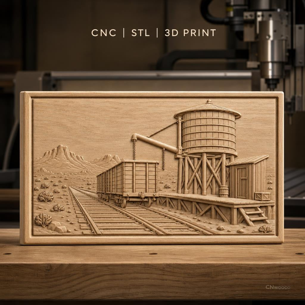 Fichier CNC & impression 3D scène ferroviaire avec wagon et réservoir d'eau, haute qualité relief STL