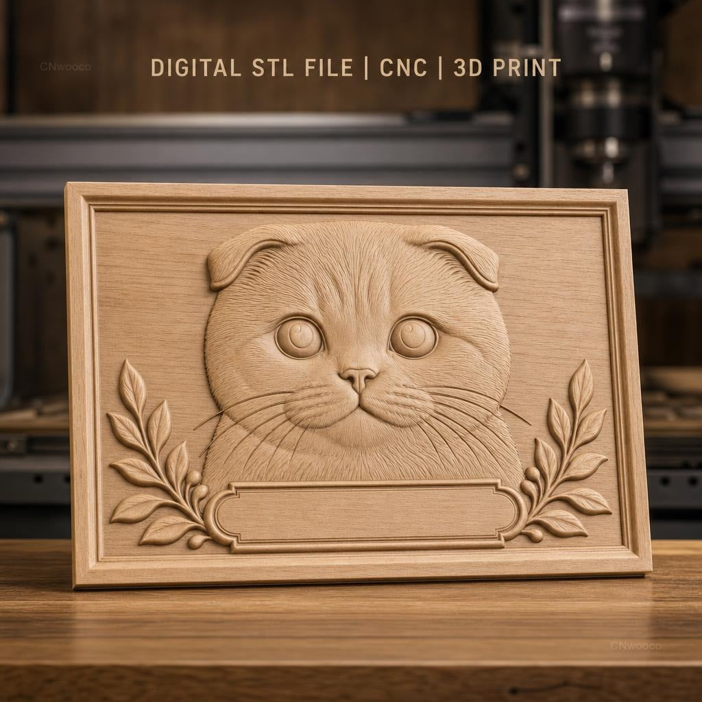 Fichier CNC & impression 3D chat Scottish Fold, visage mignon avec feuilles décoratives, haute qualité relief STL