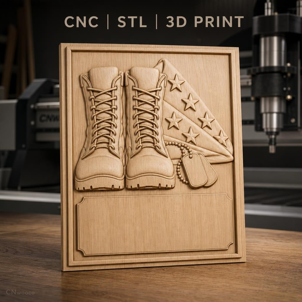 Fichier CNC & impression 3D hommage militaire, bottes, drapeau américain et plaques d'identification, haute qualité relief STL