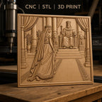 Fichier CNC & impression 3D scène royale, roi et reine sur trône avec lions, haute qualité relief STL