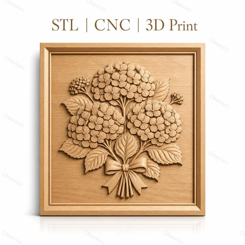 Fichier CNC & impression 3D bouquet d'hortensias, fleurs et feuilles en relief, haute qualité relief STL