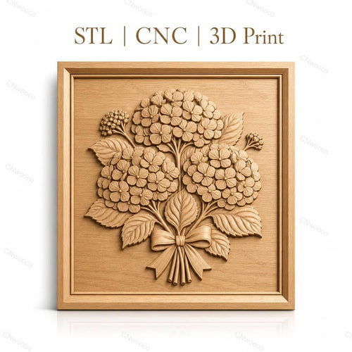 Fichier CNC & impression 3D bouquet d'hortensias, fleurs et feuilles en relief, haute qualité relief STL