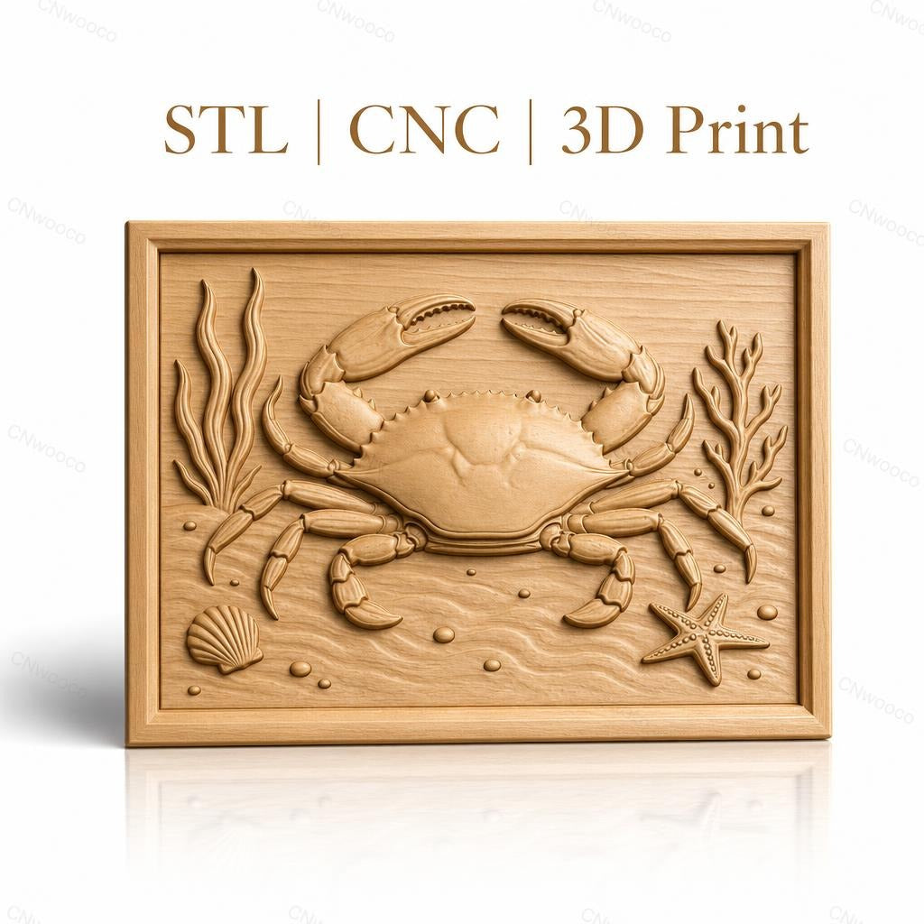 Fichier CNC & impression 3D crabe marin, étoile de mer, coquillage et algues, haute qualité relief STL