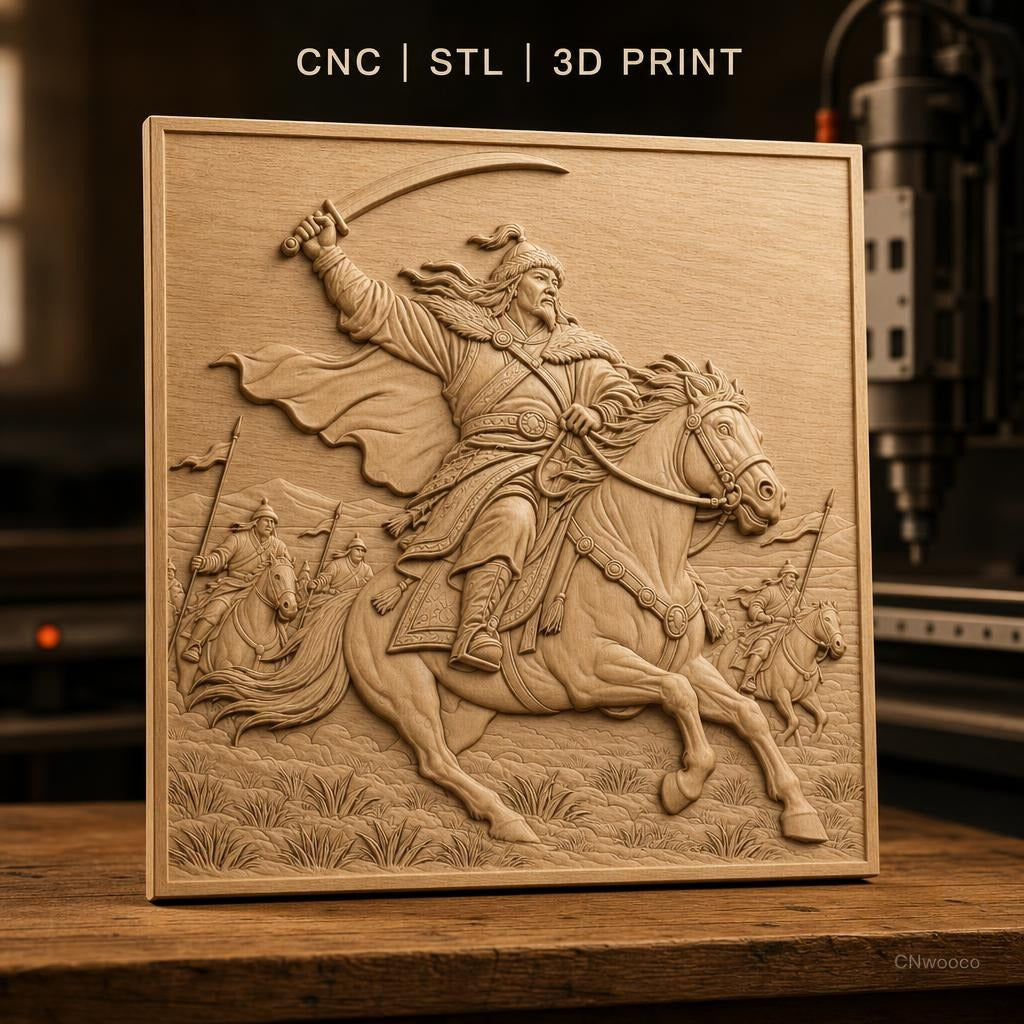 Fichier CNC & impression 3D cavalier guerrier à cheval, scène de bataille avec épée, haute qualité relief STL