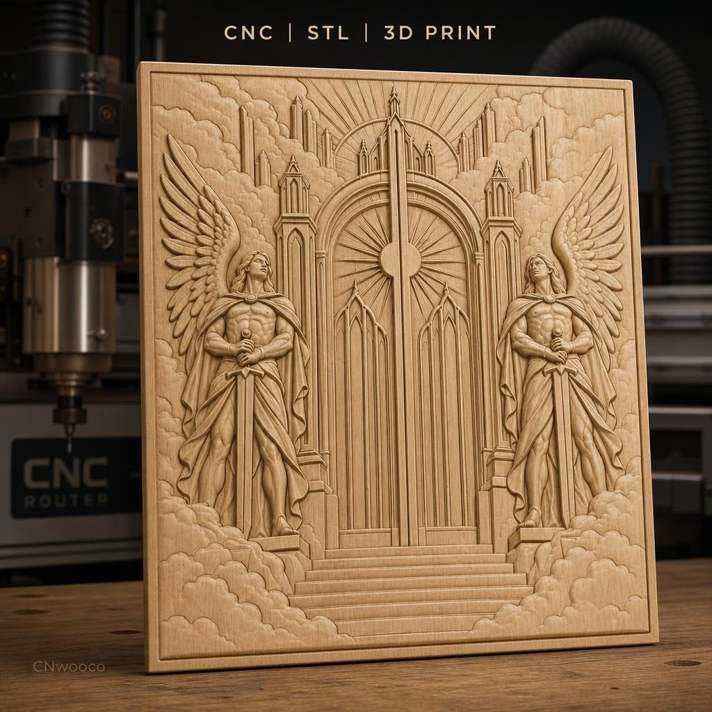 Fichier CNC & impression 3D portes célestes, anges gardiens avec épées, haute qualité relief STL
