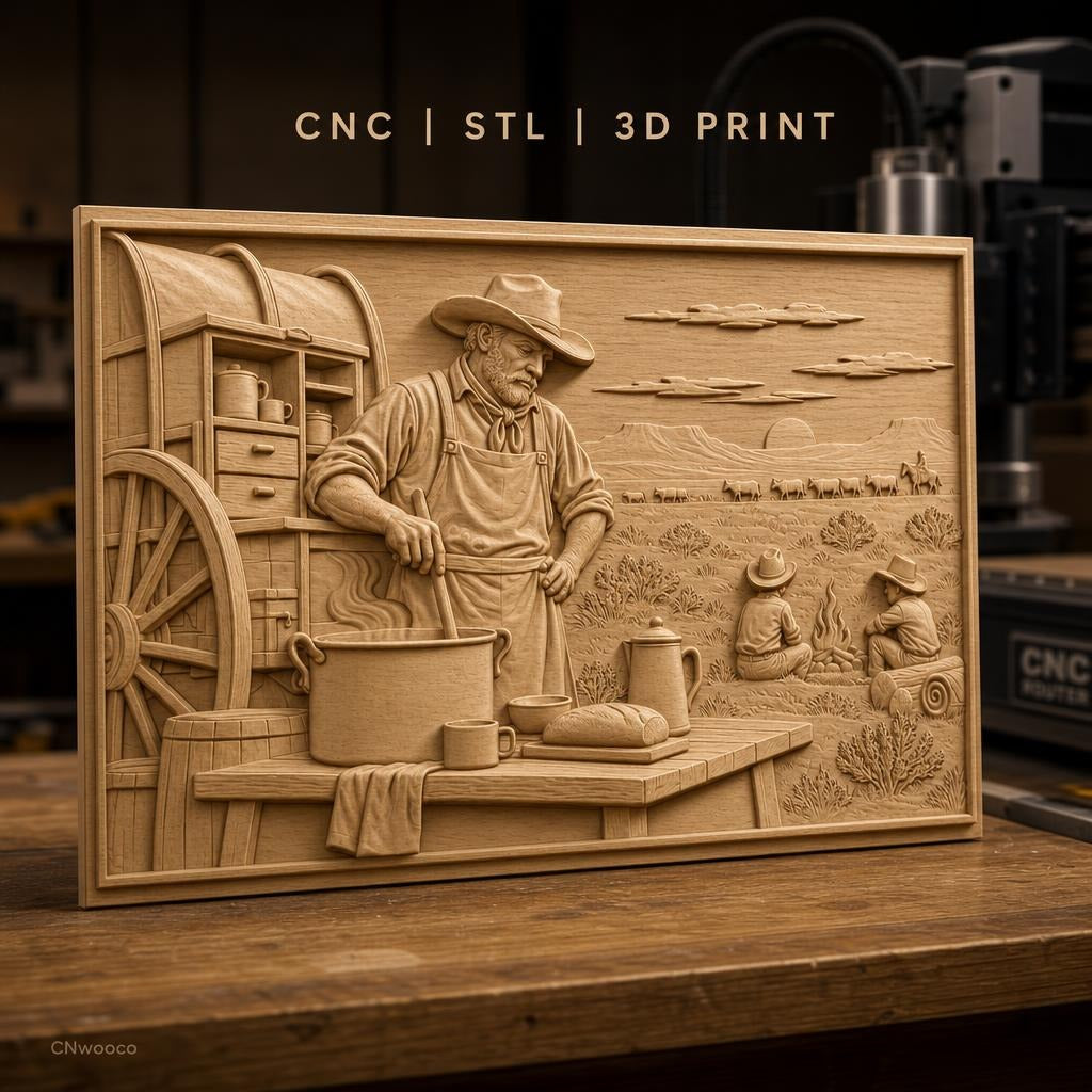 Fichier CNC & impression 3D scène cowboy western, chef cuisinier, feu de camp, charrette couverte, haute qualité relief STL