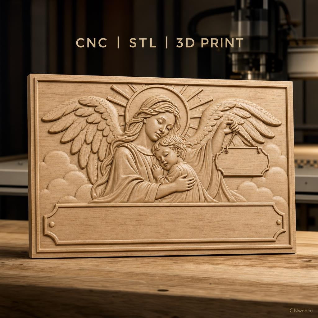 Fichier CNC & impression 3D ange gardien, enfant en étreinte avec ailes et auréole, haute qualité relief STL