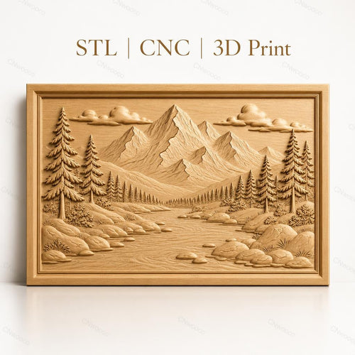 Fichier CNC & impression 3D paysage montagne rivière sapins haute qualité relief STL