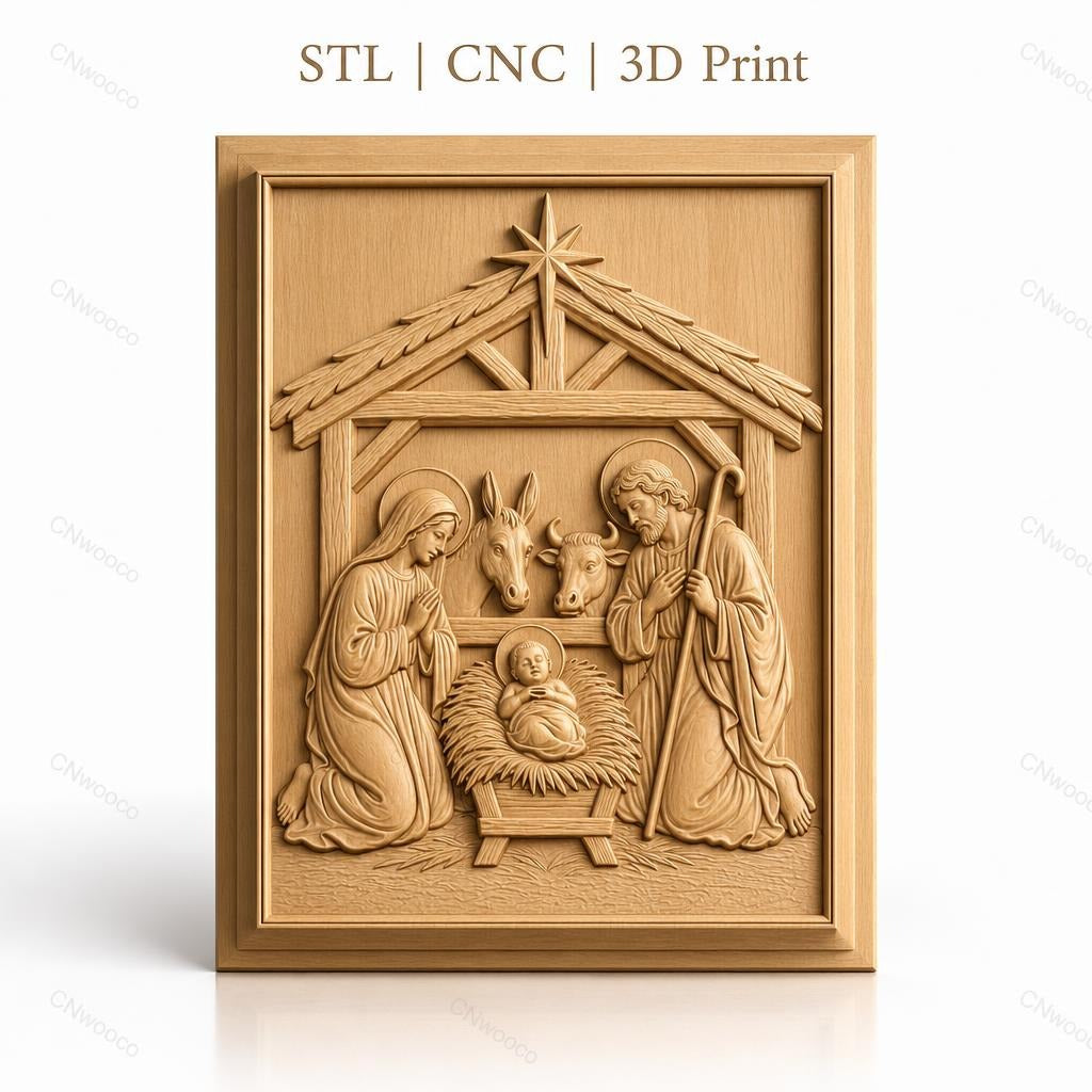 Fichier CNC & impression 3D crèche de Noël, Sainte Famille avec âne et bœuf, haute qualité relief STL