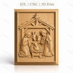 Fichier CNC & impression 3D crèche de Noël, Sainte Famille avec âne et bœuf, haute qualité relief STL