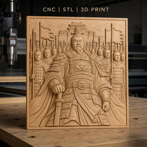 Fichier CNC & impression 3D Empereur chinois avec armée en armure et drapeaux, haute qualité relief STL