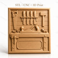 Fichier CNC & impression 3D atelier de menuiserie, établi, rabot, marteau, ciseaux à bois, scie, haute qualité relief STL