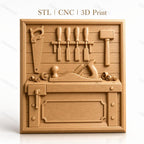 Fichier CNC & impression 3D atelier de menuiserie, établi, rabot, marteau, ciseaux à bois, scie, haute qualité relief STL