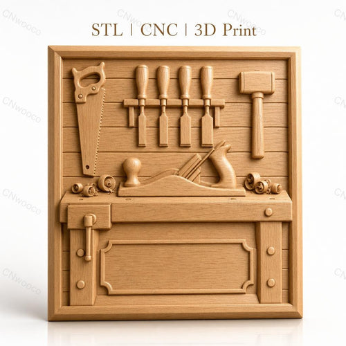Fichier CNC & impression 3D atelier de menuiserie, établi, rabot, marteau, ciseaux à bois, scie, haute qualité relief STL