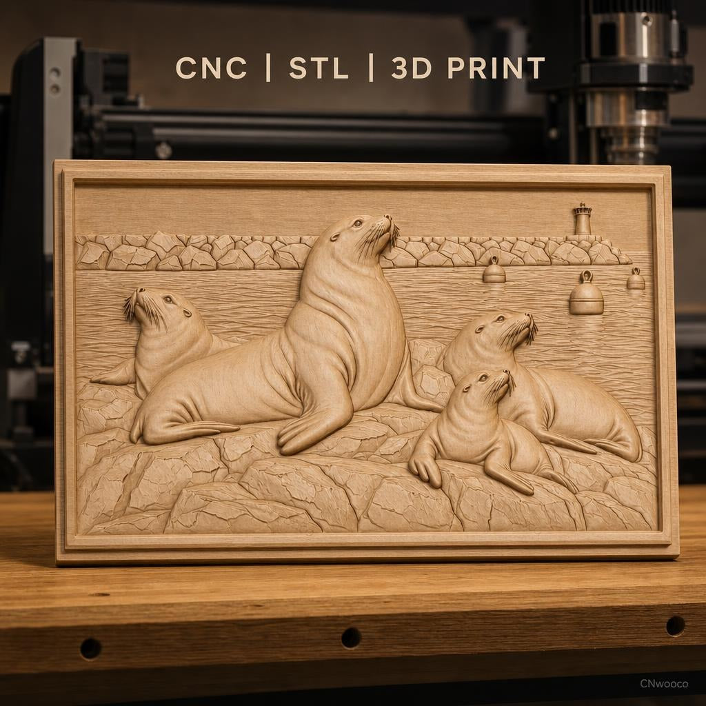 Fichier CNC & impression 3D phoques sur rochers avec phare et bouées haute qualité relief STL
