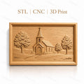 Fichier CNC & impression 3D scène d'église rurale, arbres et chemin dans un relief, haute qualité relief STL