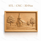 Fichier CNC & impression 3D scène d'église rurale, arbres et chemin dans un relief, haute qualité relief STL