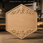 Fichier CNC & impression 3D plaque décorative hexagonale, ornements feuillages, STL très haute qualité