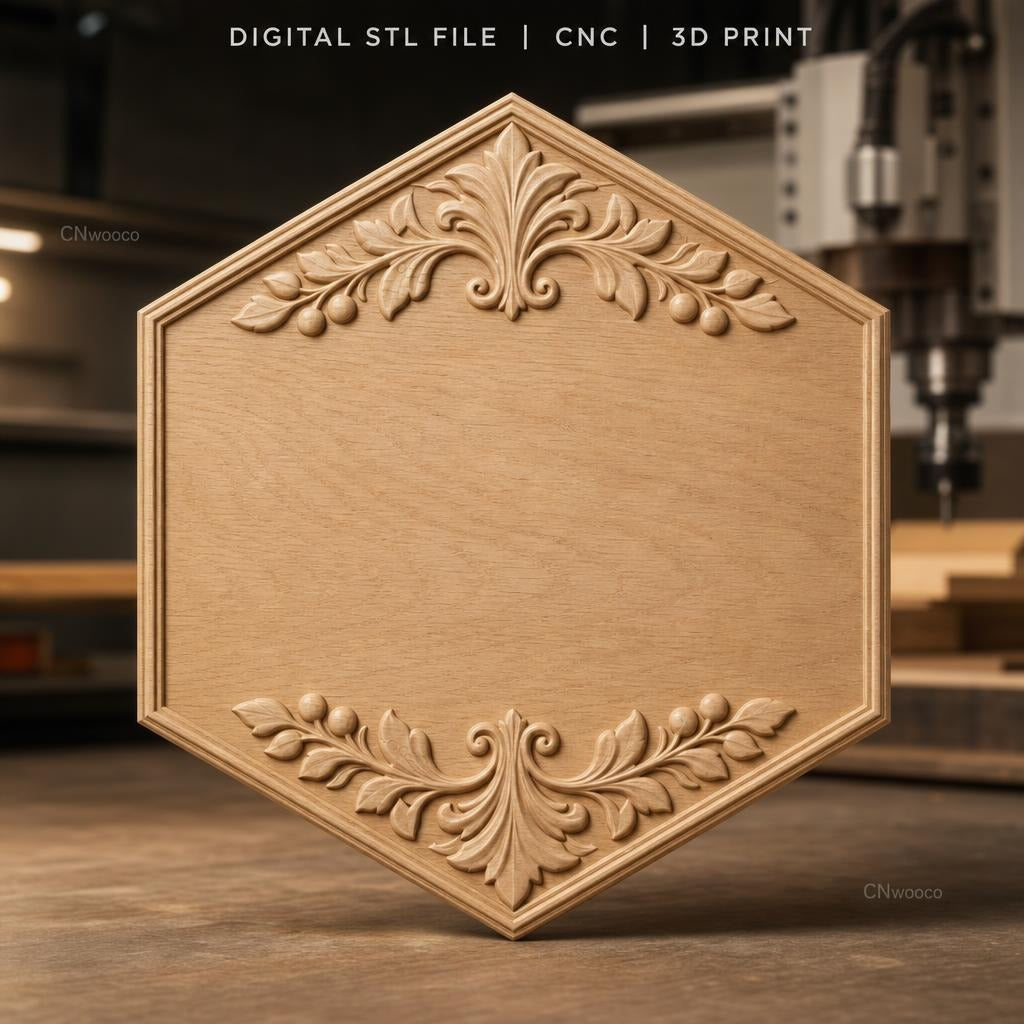 Fichier CNC & impression 3D plaque décorative hexagonale, ornements feuillages, STL très haute qualité