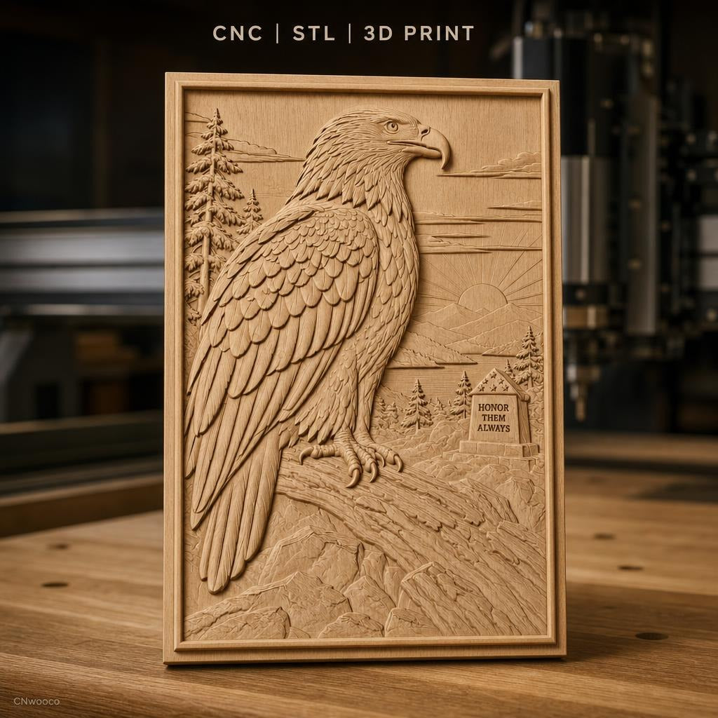 Fichier CNC & impression 3D aigle américain, paysage naturel, mémorial et soleil levant, haute qualité relief STL
