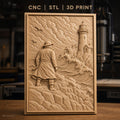 Fichier CNC & impression 3D marin, homme en imperméable regardant phare et mer agitée, haute qualité relief STL