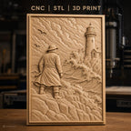 Fichier CNC & impression 3D marin, homme en imperméable regardant phare et mer agitée, haute qualité relief STL