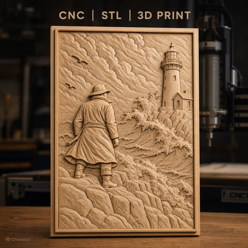 Fichier CNC & impression 3D marin, homme en imperméable regardant phare et mer agitée, haute qualité relief STL