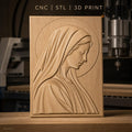 Fichier CNC & impression 3D Vierge Marie profil avec auréole, drapés réalistes haute qualité relief STL