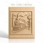 Fichier CNC & impression 3D train à vapeur vintage, gare avec horloge et signal, haute qualité relief STL