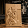 Fichier CNC & impression 3D ange en prière avec croix, relief religieux détaillé, haute qualité relief STL