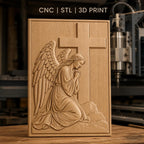 Fichier CNC & impression 3D ange en prière avec croix, relief religieux détaillé, haute qualité relief STL