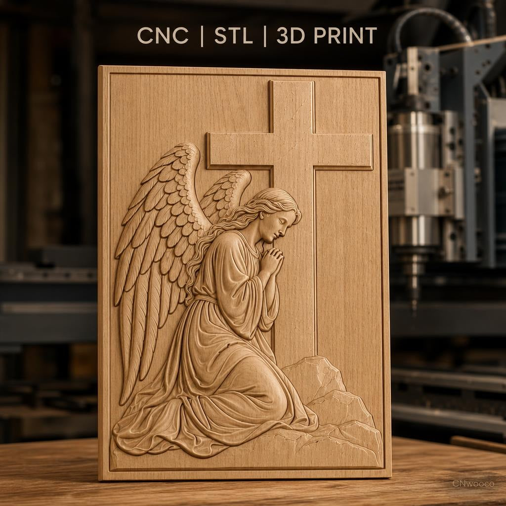 Fichier CNC & impression 3D ange en prière avec croix, relief religieux détaillé, haute qualité relief STL