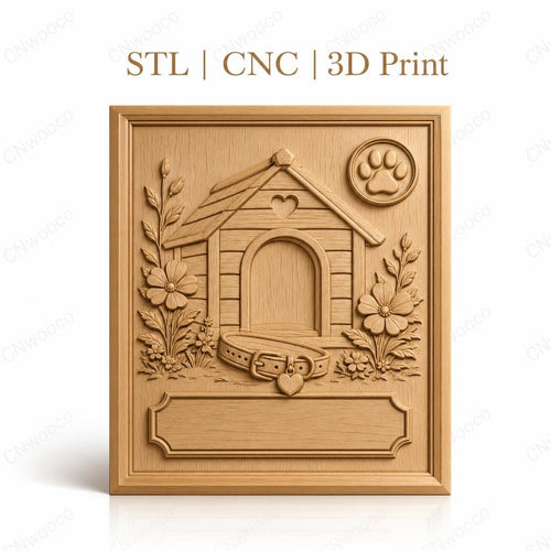 Fichier CNC & impression 3D niche de chien, collier, fleurs et empreinte, haute qualité relief STL