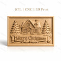 Fichier CNC & impression 3D chalet de Noël, sapins et bannière Merry Christmas, haute qualité relief STL