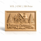Fichier CNC & impression 3D chalet de Noël, sapins et bannière Merry Christmas, haute qualité relief STL