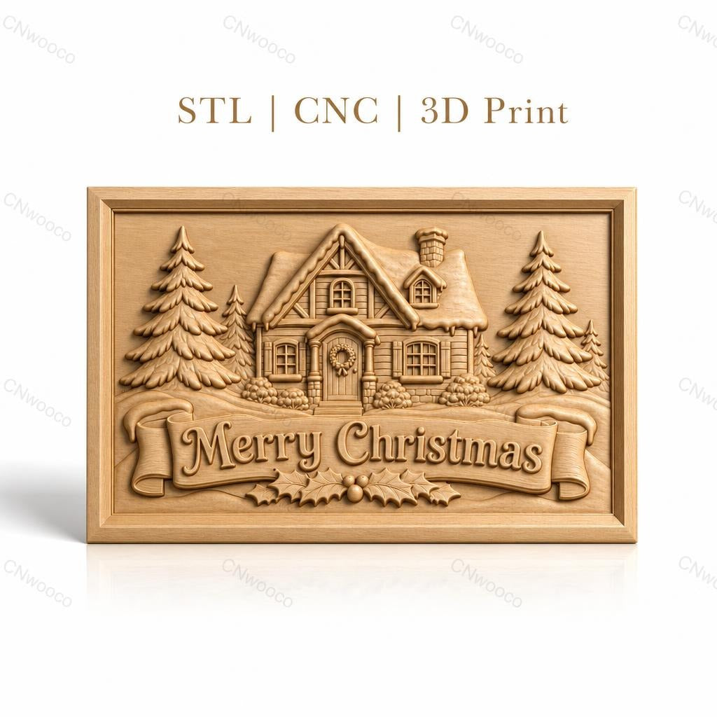 Fichier CNC & impression 3D chalet de Noël, sapins et bannière Merry Christmas, haute qualité relief STL