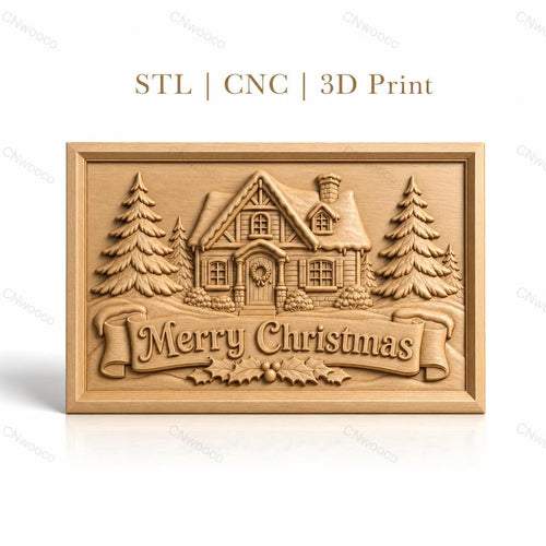 Fichier CNC & impression 3D chalet de Noël, sapins et bannière Merry Christmas, haute qualité relief STL
