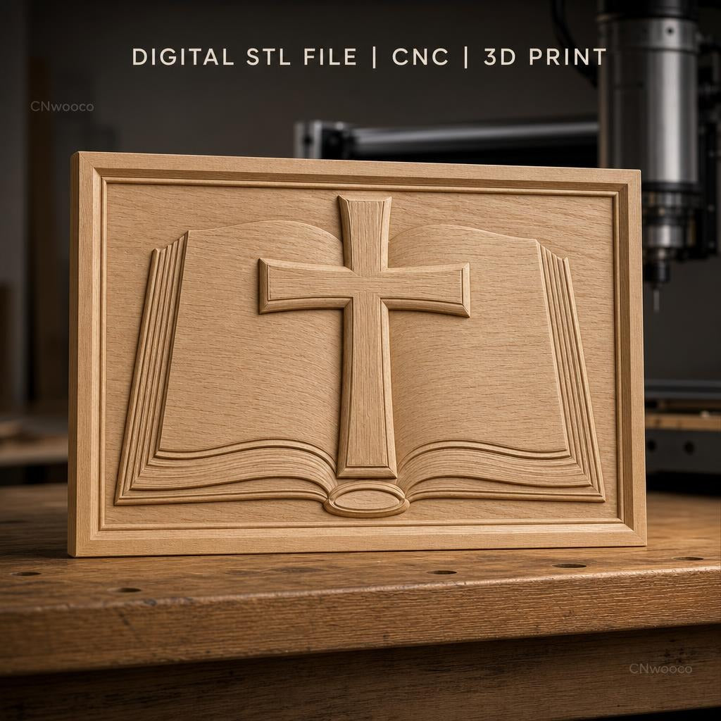 Fichier CNC & impression 3D bible ouverte avec croix religion, haute qualité relief STL