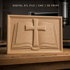 Fichier CNC & impression 3D bible ouverte avec croix religion, haute qualité relief STL