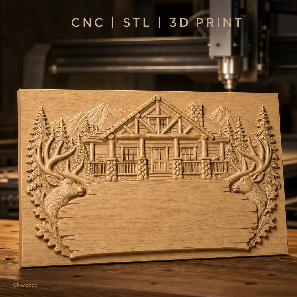 Fichier CNC & impression 3D chalet en bois, têtes de cerf, sapins, montagnes, haute qualité relief STL