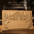 Fichier CNC & impression 3D chalet en bois, têtes de cerf, sapins, montagnes, haute qualité relief STL