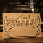 Fichier CNC & impression 3D chalet en bois, têtes de cerf, sapins, montagnes, haute qualité relief STL