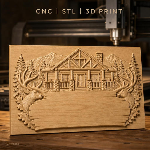 Fichier CNC & impression 3D chalet en bois, têtes de cerf, sapins, montagnes, haute qualité relief STL