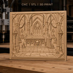 Fichier CNC & impression 3D tombeau gothique avec crâne, bougies et drap, haute qualité relief STL