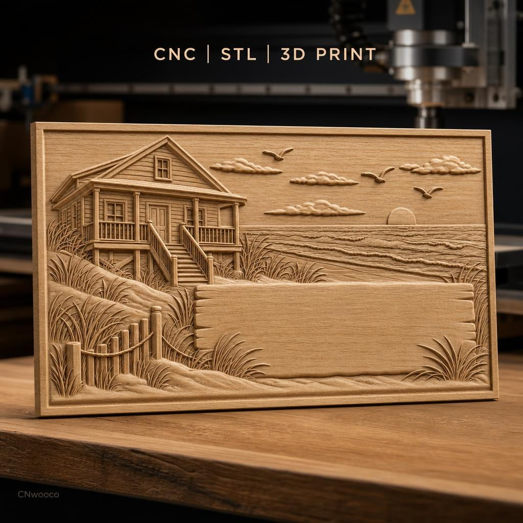 Fichier CNC & impression 3D maison en bord de mer, plage, coucher de soleil et oiseaux, haute qualité relief STL