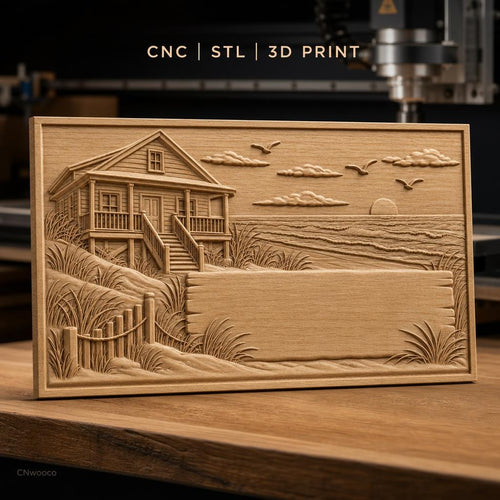 Fichier CNC & impression 3D maison en bord de mer, plage, coucher de soleil et oiseaux, haute qualité relief STL